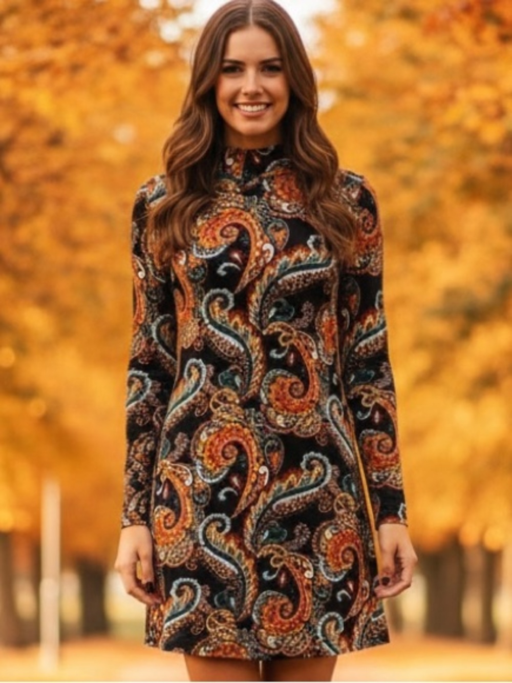 Altar'd State NWT Burgundy Paisley Long-Sleeve mini Swing Dress Size Small